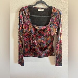 Natural Life Danielle Square Neck Velvet Top Floral Y2K Long Sleeve Multicolor M
